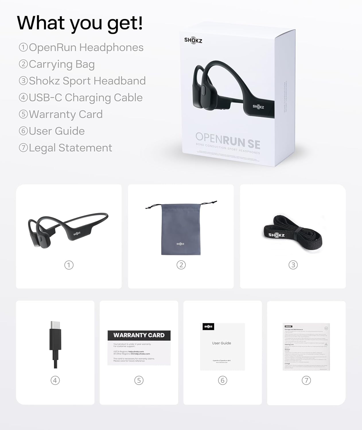 SHOKZ OpenRun Bone Conduction Headphones, Open-Ear Bluetooth Sports Earphones with Mic, IP67 Waterproof Wireless Headset for Running and Workout, 8H Playtime, USB-C, Black, Sport headband