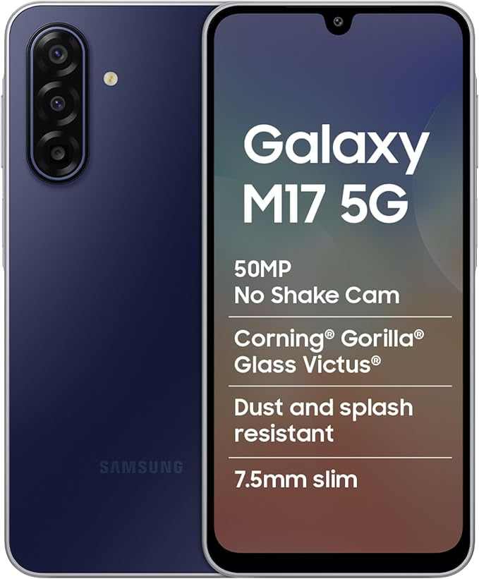 Samsung Galaxy M17 5G (Sapphire Black, 6GB RAM, 128GB Storage)| Circle to Search| Gemini Live| 50MP OIS Triple Camera| IP54 Rating| Gorilla Glass Victus| AI| 6 Gen of OS Upgrades| Without Charger