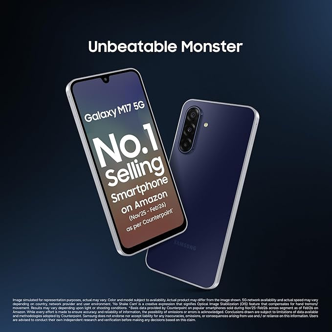 Samsung Galaxy M17 5G (Sapphire Black, 6GB RAM, 128GB Storage)| Circle to Search| Gemini Live| 50MP OIS Triple Camera| IP54 Rating| Gorilla Glass Victus| AI| 6 Gen of OS Upgrades| Without Charger