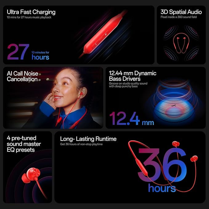 One Plus Bullets Wireless Z3 5" Bluetooth Headphones, Space Audio, 12.4mm Drivers, 36 Hour Battery Life (Mambo Midnight)