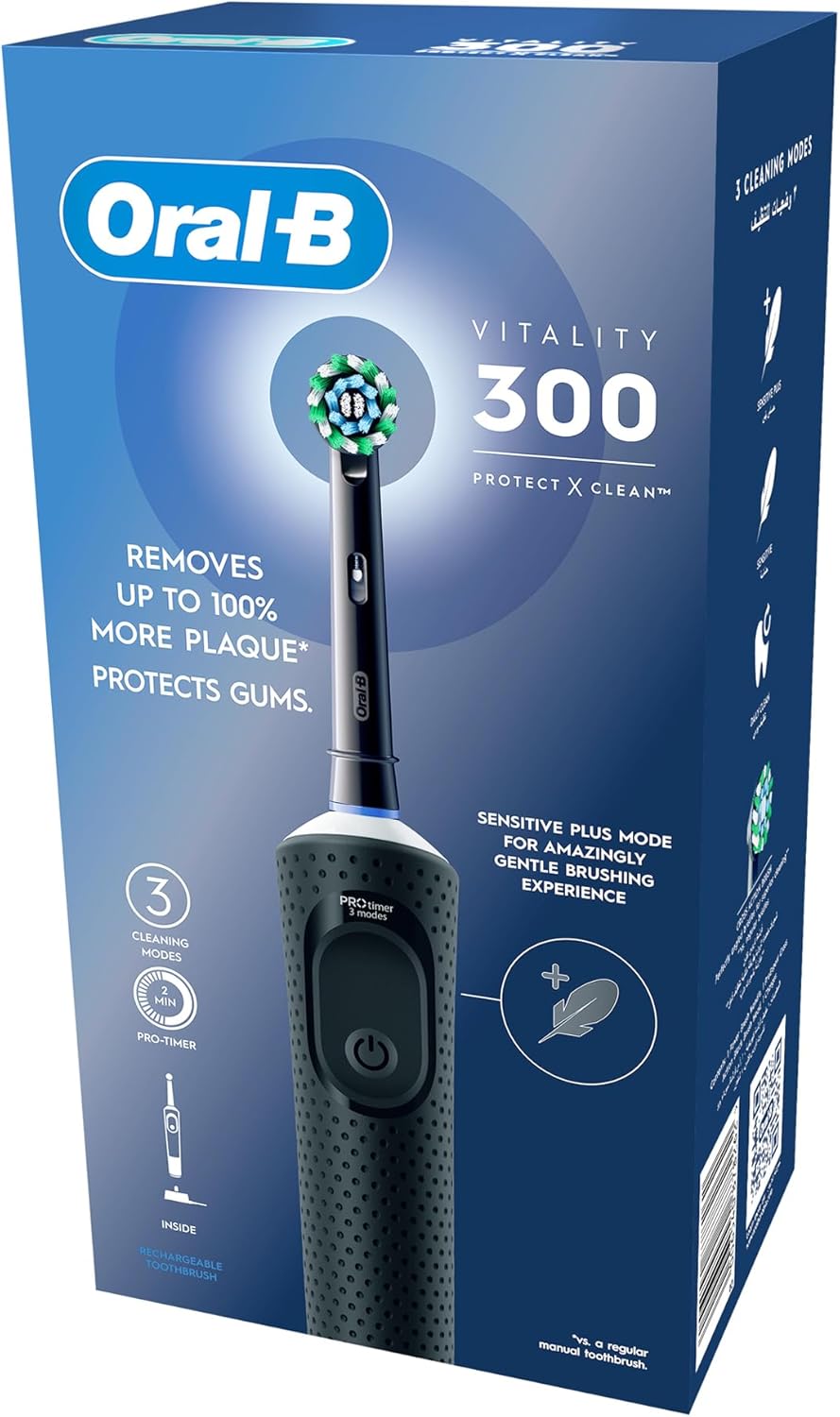 Oral B Vitality 300 Rechargeable Toothbrush with CrossAction Brush Head, 3 Cleaning Modes & 2 Minutes Built-in Timer D103.413.3 Black
