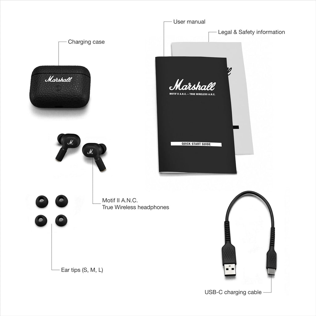 Marshall Motif II ANC - True Wireless Active Noise Cancelling Bluetooth Headphones, Earbuds, 30 hours playtime – Black