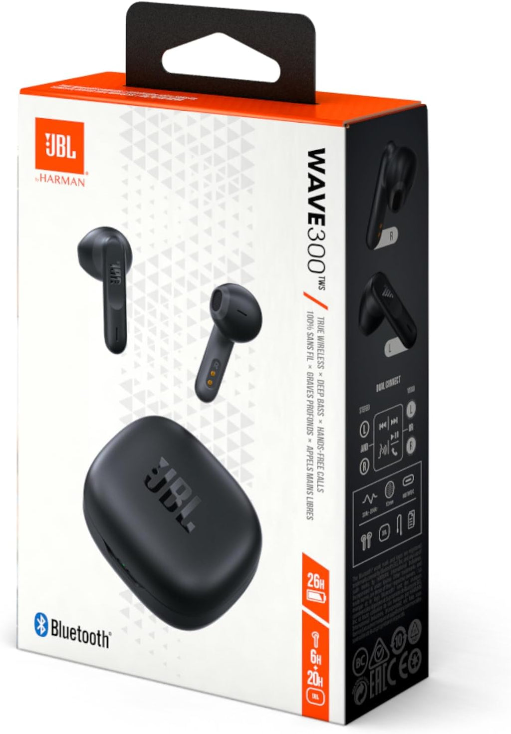 JBL Wave 300TWS True Wireless Earbuds, Deep Bass Sound, 26H Battery, Open-Ear Comfortable Fit, Hands-Free Stereo Call, Dual Connect, Rain Resistant, Voice Assist, Touch Control - Black, JBLW300TWSBLK