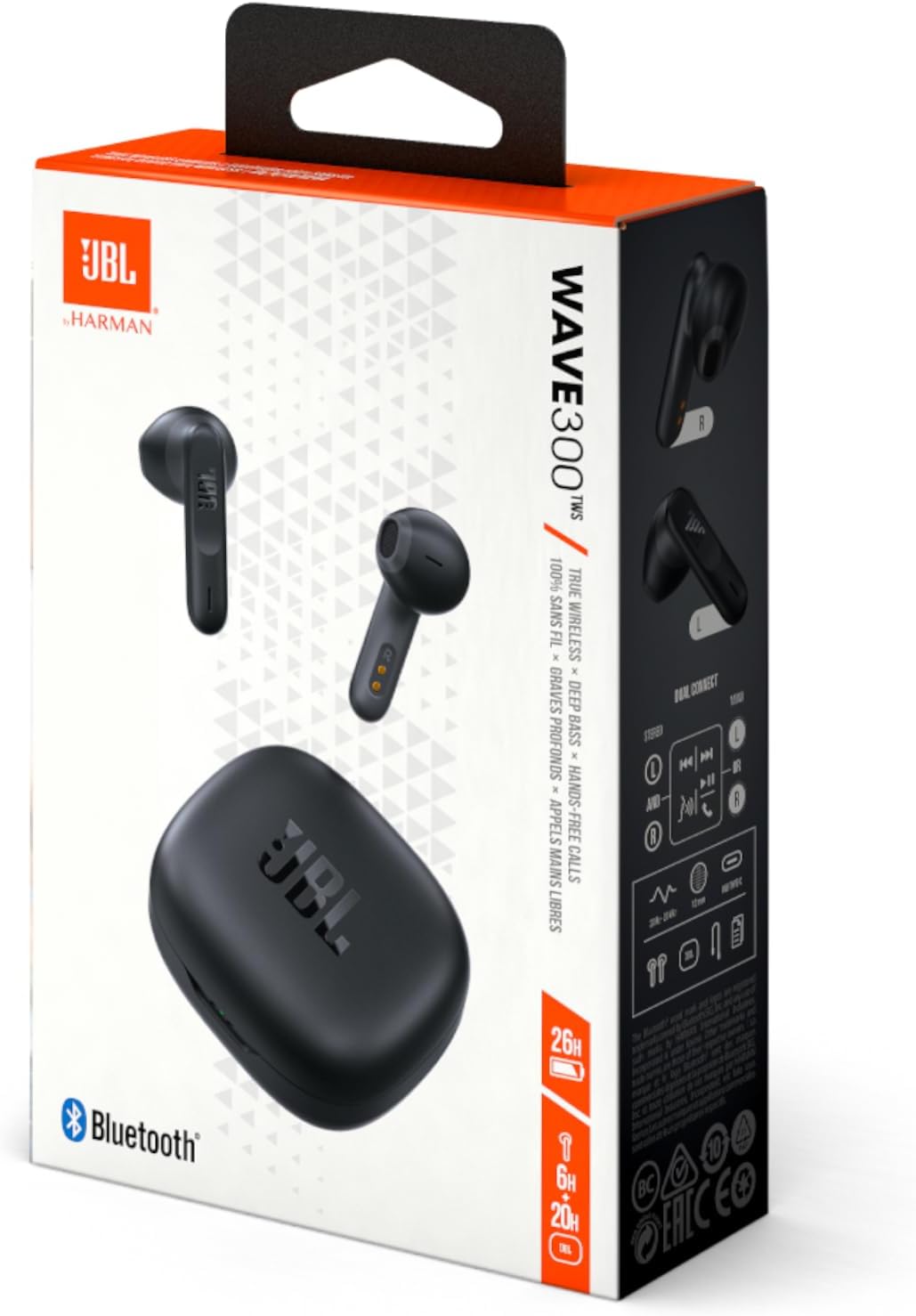 JBL Wave 300TWS True Wireless Earbuds, Deep Bass Sound, 26H Battery, Open-Ear Comfortable Fit, Hands-Free Stereo Call, Dual Connect, Rain Resistant, Voice Assist, Touch Control - Black, JBLW300TWSBLK