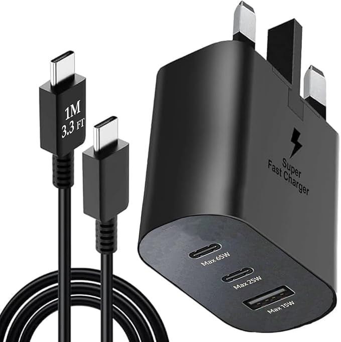 65W Trio Fast Charger Adapter Compatible for Samsung Galaxy S25 Ultra, S24 Ultra, S23 Ultra, S22, Z Fold 6/5, A06 LTE, A55 LTE, Dual Type-C and USB-A Ports,...