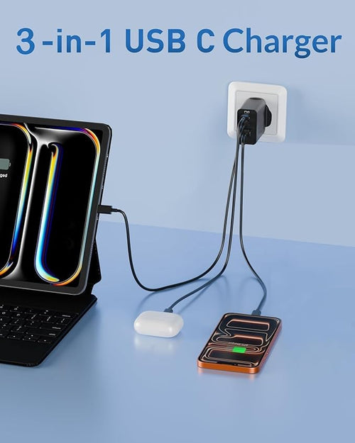 65W Trio Fast Charger Adapter Compatible for Samsung Galaxy S25 Ultra, S24 Ultra, S23 Ultra, S22, Z Fold 6/5, A06 LTE, A55 LTE, Dual Type-C and USB-A Ports,...