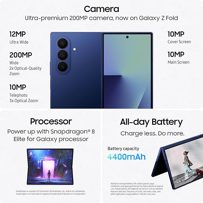 Samsung Galaxy Z Fold7 Cell Phone, 256GB AI Smartphone, Unlocked Android, AI Photo Edits, Large Screen, Long Battery Life, 2025, Blue Shadow (International...