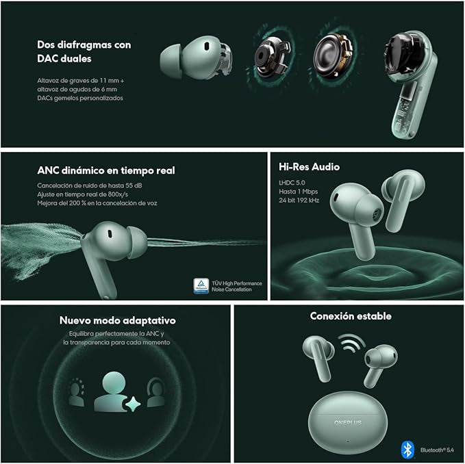 OnePlus Buds 4 Wireless Earbuds,Bass Wave in-Ear Buds,IP55 Tri-Mics AI Earphone,Up to 55dB Adaptive Noise Cancellation,Up to 45Hrs Battery,Green