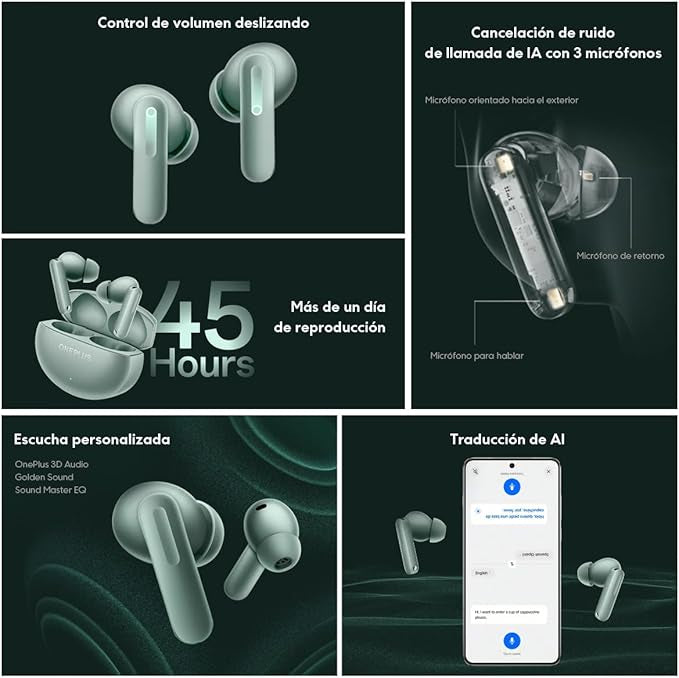 OnePlus Buds 4 Wireless Earbuds,Bass Wave in-Ear Buds,IP55 Tri-Mics AI Earphone,Up to 55dB Adaptive Noise Cancellation,Up to 45Hrs Battery,Green