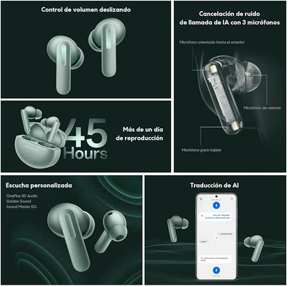OnePlus Buds 4 Wireless Earbuds,Bass Wave in-Ear Buds,IP55 Tri-Mics AI Earphone,Up to 55dB Adaptive Noise Cancellation,Up to 45Hrs Battery,Green