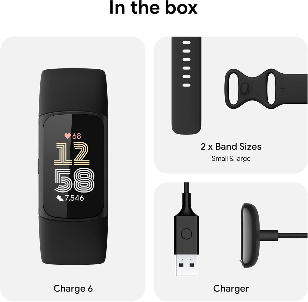 Fitbit Charge 6 Fitness Tracker with Google apps, Heart Rate on Exercise Equipment, 6-Months Premium Membership Included, GPS, Health Tools and More, Obsidian/Black, One Size (S & L Bands Included)