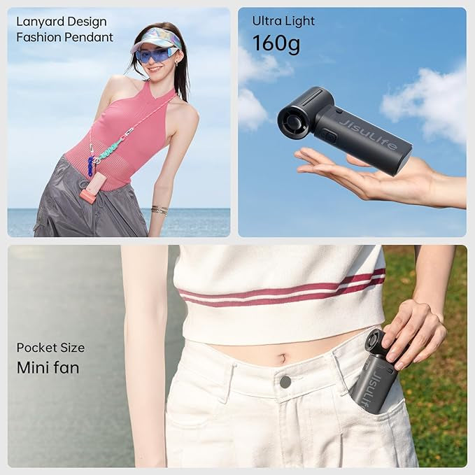 JISULIFE Turbo Hand Fan - Ultra Power Pocket Fan, Unique Sleek Design, Mini Handheld Fan with 5 Speeds, Lanyard, USB Rechargeable Portable Fan for Travel,Women,Men, Mini Fan Game Changer -Black