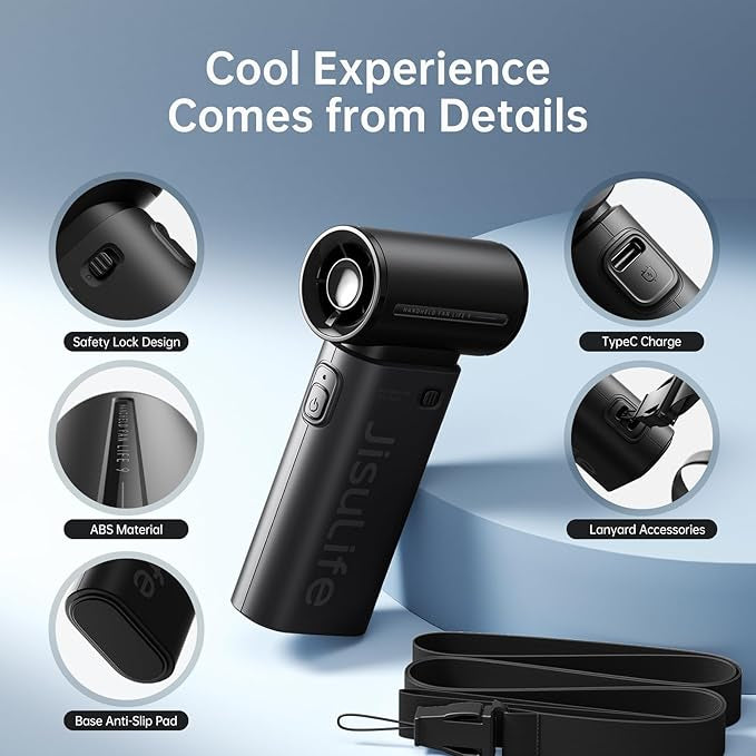 JISULIFE Turbo Hand Fan - Ultra Power Pocket Fan, Unique Sleek Design, Mini Handheld Fan with 5 Speeds, Lanyard, USB Rechargeable Portable Fan for Travel,Women,Men, Mini Fan Game Changer -Black