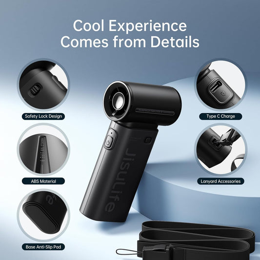 JISULIFE Turbo Hand Fan - Ultra Power Pocket Fan, Unique Sleek Design, Mini Handheld Fan with 5 Speeds, Lanyard, USB Rechargeable Portable Fan for Travel,Women,Men, Mini Fan Game Changer -Black