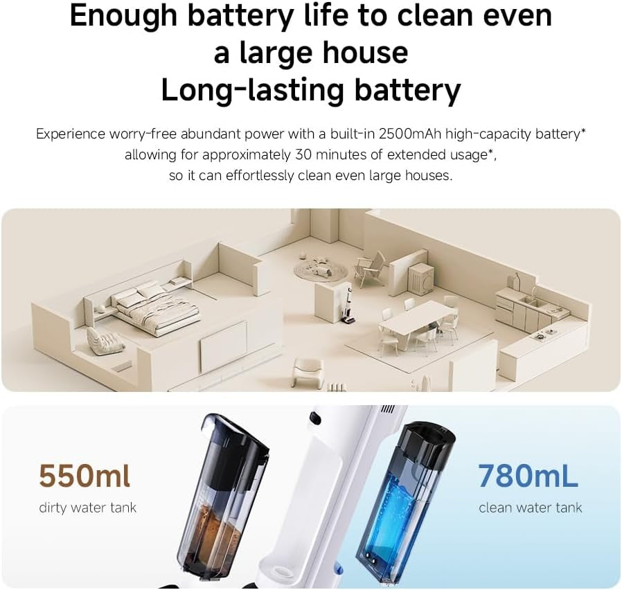 Xiaomi Truclean W20 Wet and Dry Vacuum Cleaner for Home, Cordless Floor Washer with Self-Cleaning，15000Pa suction power，for Hard Floors and Wet Messes