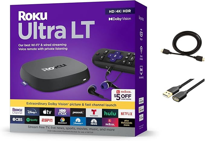 Roku Ultra LT Streaming Device 4K/HDR/Dolby Vision/Dual-Band Wi-Fi Voice Remote and HDMI Cable, with MTC HDMI Cable and USB Extension Cord