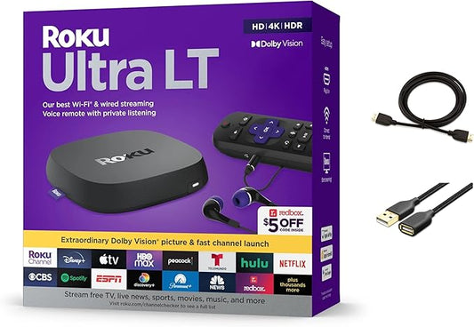Roku Ultra LT Streaming Device 4K/HDR/Dolby Vision/Dual-Band Wi-Fi Voice Remote and HDMI Cable, with MTC HDMI Cable and USB Extension Cord