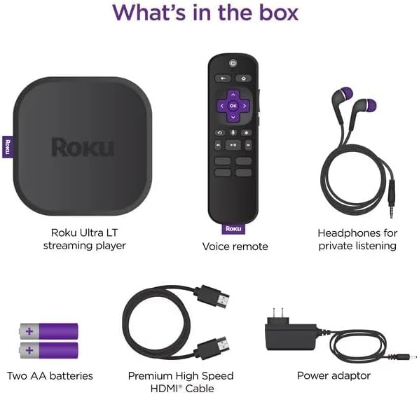 Roku Ultra LT Streaming Device 4K/HDR/Dolby Vision/Dual-Band Wi-Fi Voice Remote and HDMI Cable, with MTC HDMI Cable and USB Extension Cord
