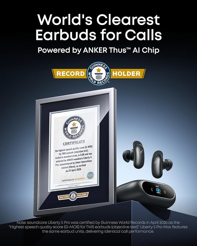 soundcore Liberty 5 Pro by Anker, Guinness World Records-Certified Call Quality, ANKER Thus™ AI Chip, Active Noise Cancelling Wireless Earbuds, Crystal-Clear Calls for Noisy Environments