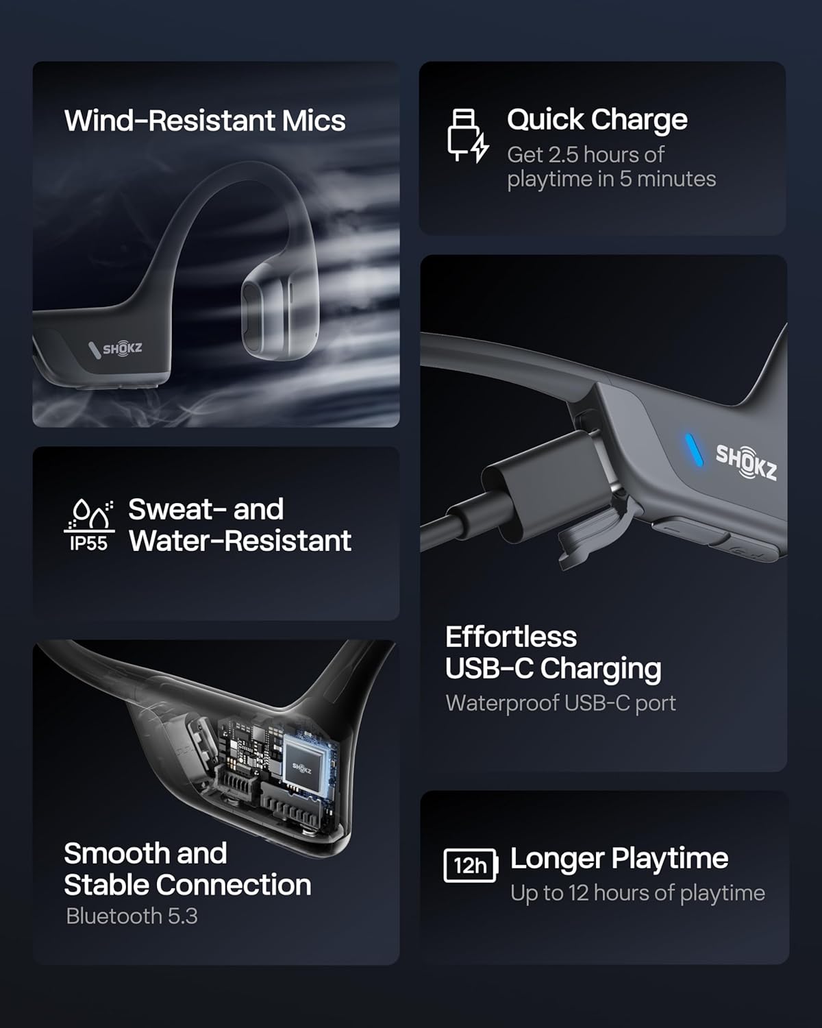 SHOKZ OpenRun Pro 2 Bone Conduction Sports Headphones, Open-Ear Wireless Earphones with Bluetooth 5.3, Noise Cancelling Mics, IP55 Waterproof, 12h Playtime for Running, USB-C Quick Charge, Black