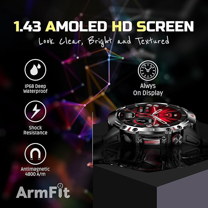 Armfit HULK Smart watch with AMOLED Always On Display Smart watches for men, BT Calling Waterproof Fitness Watch with Heart Sleep Monitor for Android iOS (Black)