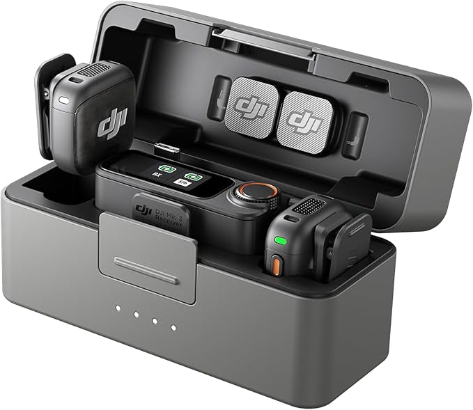 DJI Mic 3 (2 TX + 1 RX + Charging Case), Wireless Microphone for iPhone/Camera/Android, Adaptive Gain Control Balanced Volume, Dual Band Anti-Interference, 28h Use, UAE Version with Official Warranty
