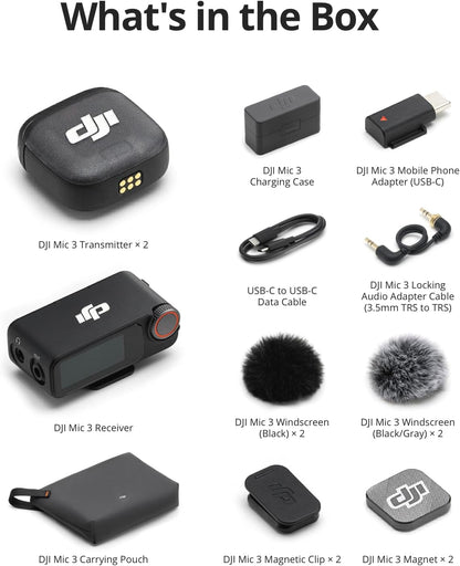 DJI Mic 3 (2 TX + 1 RX + Charging Case), Wireless Microphone for iPhone/Camera/Android, Adaptive Gain Control Balanced Volume, Dual Band Anti-Interference, 28h Use, UAE Version with Official Warranty