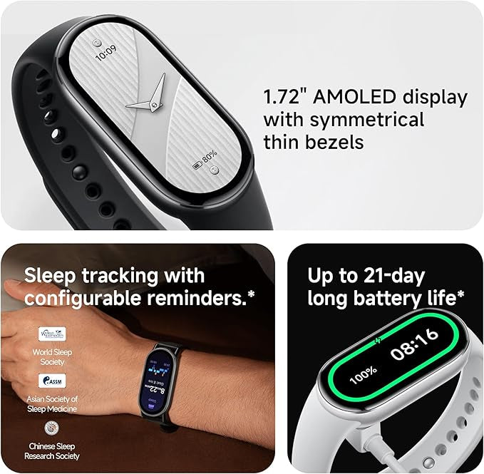 XIAOMI Mi Smart Watch Band 10, 5ATM Waterproof Fitness Step Tracker Sports Digital Smart Watch Health Band for Men Women, 1.72" AMOLED Display, 150+ Sports Modes 24/7 Sleep Monitor (Glacier Silver)