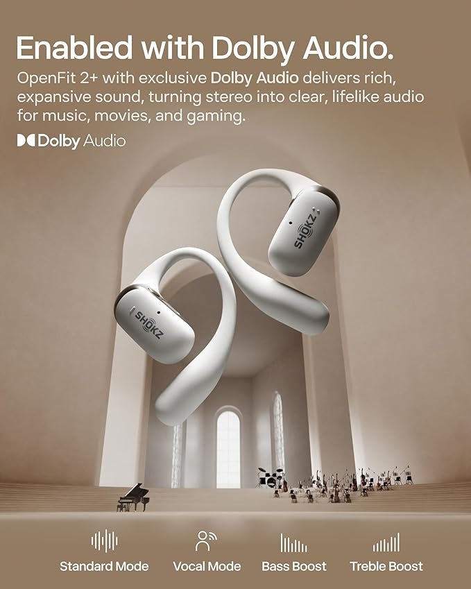 Shokz NEW OpenFit 2+ Open-Ear Headphones, Dolby Audio Enabled, Comfortable Earbuds with Soft Ear Hooks, 48H Playtime, IP55 Water-Resistant, USB-C Fast Charging, Wireless Charging, Carrying Bag, Grey