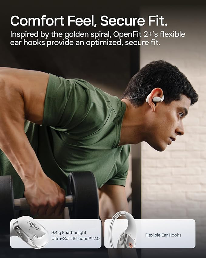 Shokz NEW OpenFit 2+ Open-Ear Headphones, Dolby Audio Enabled, Comfortable Earbuds with Soft Ear Hooks, 48H Playtime, IP55 Water-Resistant, USB-C Fast Charging, Wireless Charging, Carrying Bag, Grey
