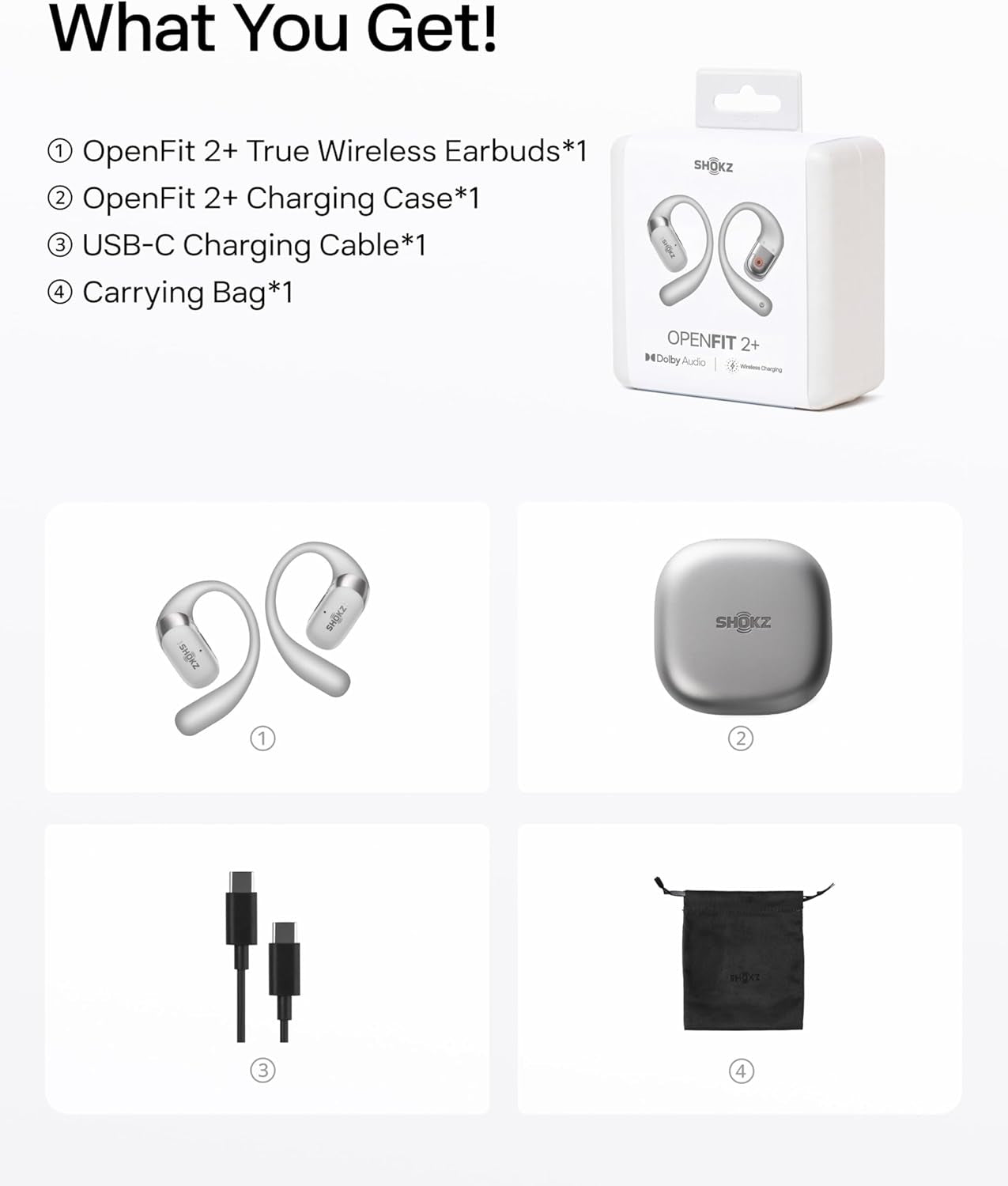Shokz NEW OpenFit 2+ Open-Ear Headphones, Dolby Audio Enabled, Comfortable Earbuds with Soft Ear Hooks, 48H Playtime, IP55 Water-Resistant, USB-C Fast Charging, Wireless Charging, Carrying Bag, Grey