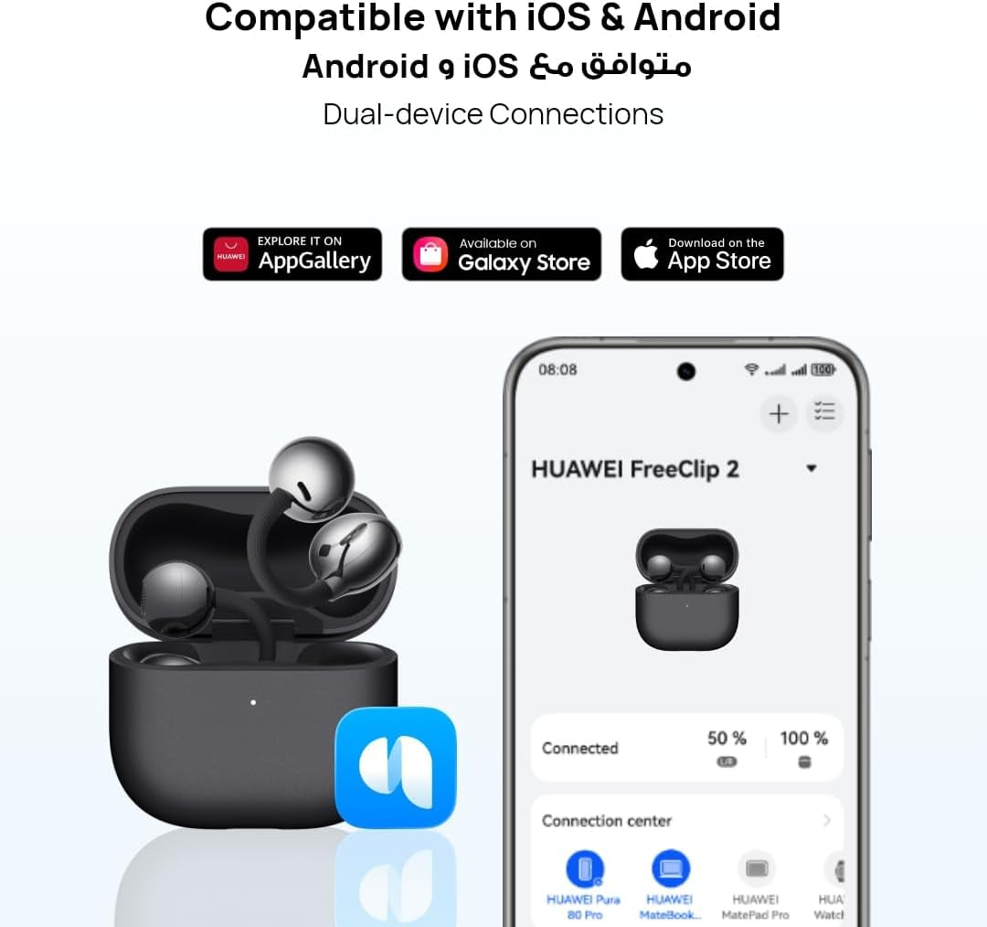 HUAWEI FreeClip 2 Open-Ear Clip-On Earbuds, C-bridge design, Lightweight, 38H Battery, Fast Charge, Dual Driver, IP57 Waterproof & dustproof, Touch & Head-motion control, iOS & Android, Berry Purple