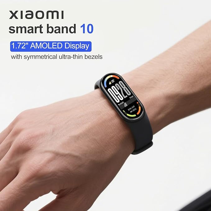 Xiaomi Smart Band 10 - Battery Life up to 21 Days, 1.72" Display, AMOLED with 60Hz Refresh Rate, Sleep, Stress, SpO2, Heart Rate Monitor, 5 ATM, Mi Fitness, Black