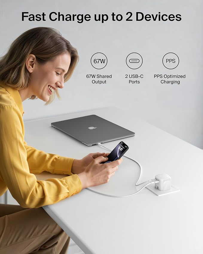 Belkin 2-Port USB C Plug 67W, Dual-Port GaN Charger with 2x USB C Ports, Fast Charging for MacBook, iPhone 17, iPad Pro, Chromebook, Galaxy S25 Ultra, Pixel 10, etc. - Travel Essentials - White
