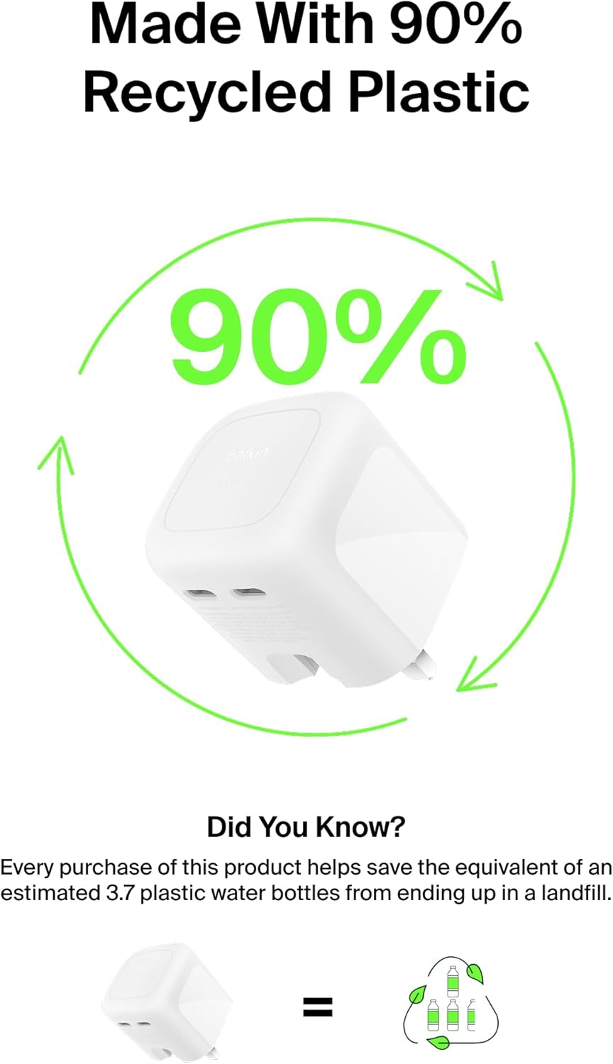 Belkin 2-Port USB C Plug 67W, Dual-Port GaN Charger with 2x USB C Ports, Fast Charging for MacBook, iPhone 17, iPad Pro, Chromebook, Galaxy S25 Ultra, Pixel 10, etc. - Travel Essentials - White