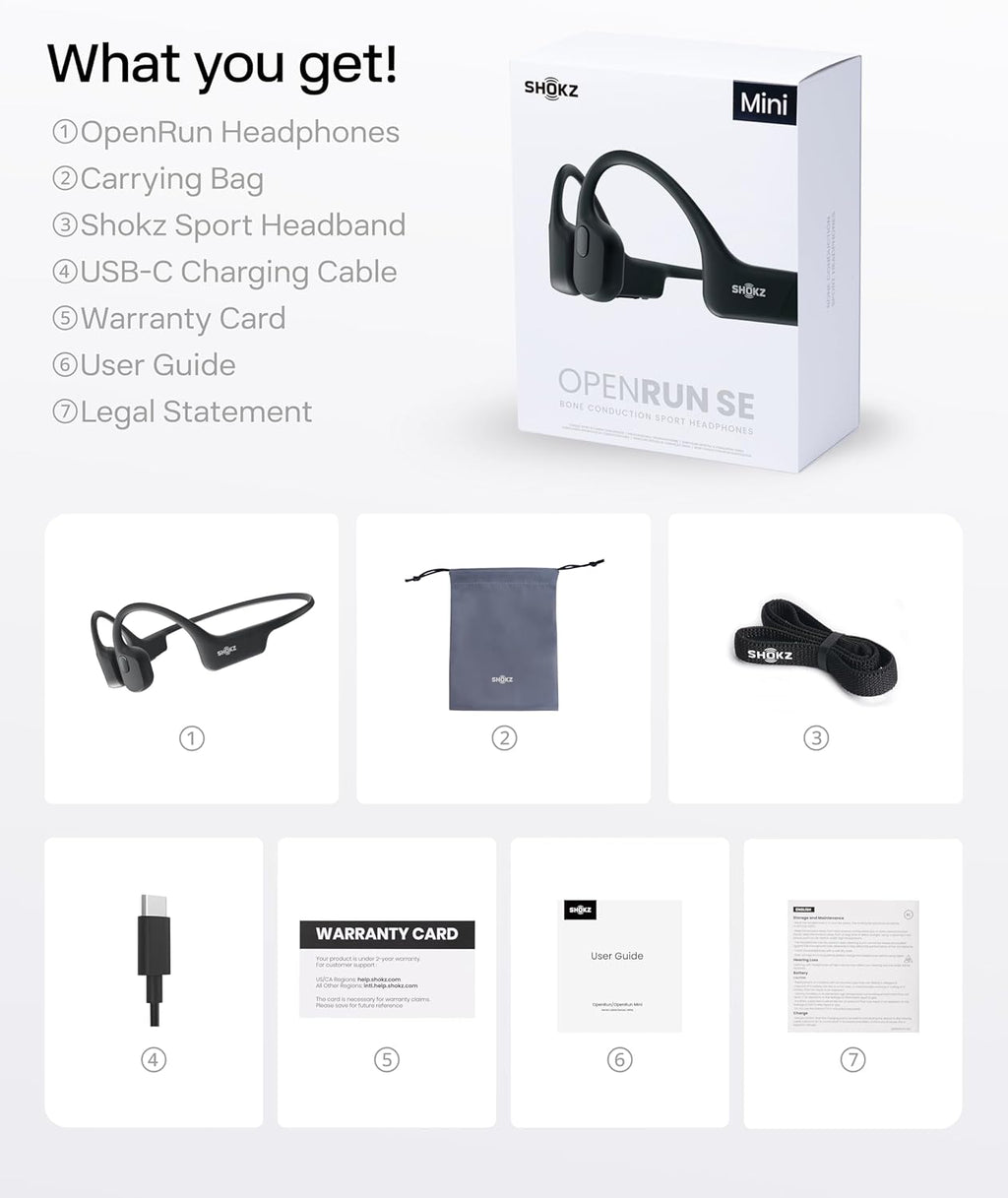 SHOKZ OpenRun Mini Bone Conduction Headphones, Open-Ear Bluetooth Sports Earphones with Mic, IP67 Waterproof Wireless Headset for Running, Workout, 8H Playtime, with Shokz Sport Headband