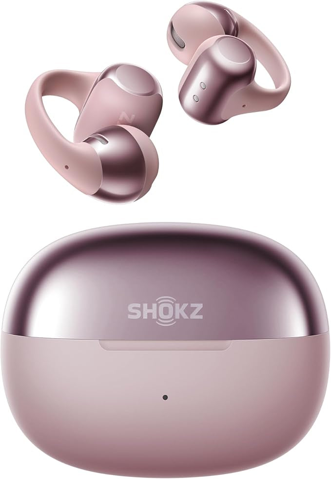 SHOKZ OpenDots ONE Open Ear Headphones, Premium Dolby Audio 6.5g Clip On Earbuds Bluetooth 5.4, Wireless Earphones with Mic, Fast Charging 40 hrs Playtime, IP54, with Cleaning Cloth,for Walking- Pink