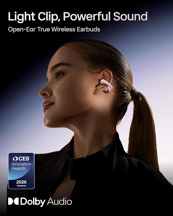 SHOKZ OpenDots ONE Open Ear Headphones, Premium Dolby Audio 6.5g Clip On Earbuds Bluetooth 5.4, Wireless Earphones with Mic, Fast Charging 40 hrs Playtime, IP54, with Cleaning Cloth,for Walking- Pink