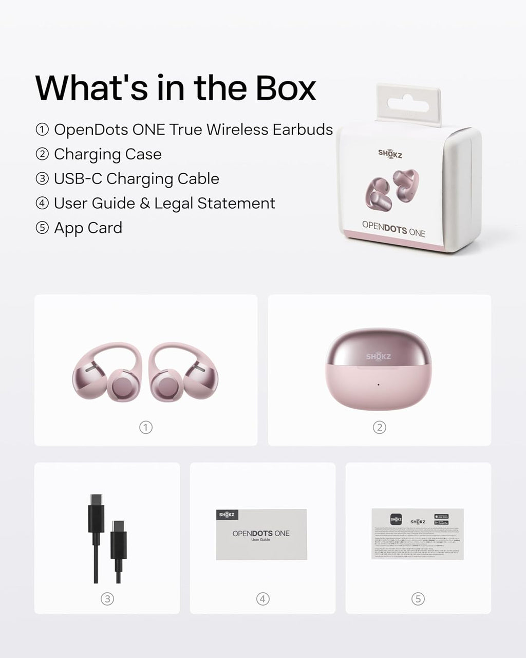 SHOKZ OpenDots ONE Open Ear Headphones, Premium Dolby Audio 6.5g Clip On Earbuds Bluetooth 5.4, Wireless Earphones with Mic, Fast Charging 40 hrs Playtime, IP54, with Cleaning Cloth,for Walking- Pink