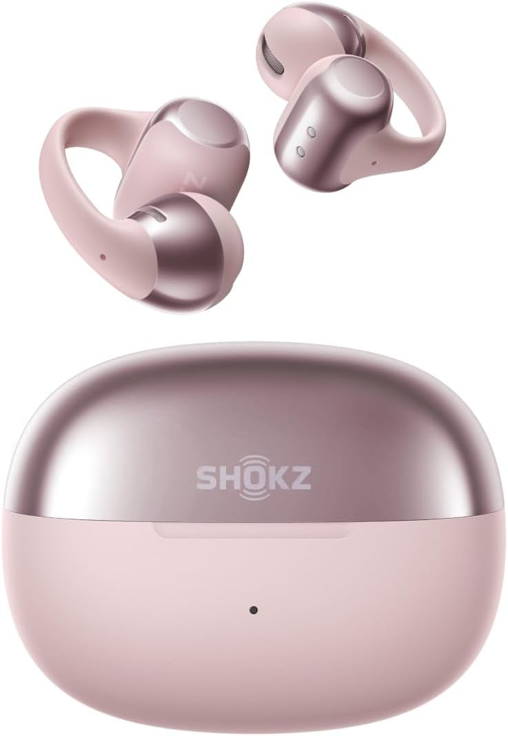 SHOKZ OpenDots ONE Open Ear Headphones, Premium Dolby Audio 6.5g Clip On Earbuds Bluetooth 5.4, Wireless Earphones with Mic, Fast Charging 40 hrs Playtime, IP54, with Cleaning Cloth,for Walking- Pink