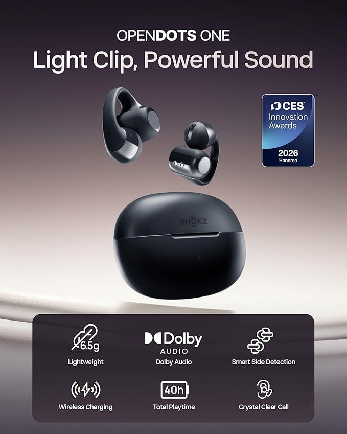 SHOKZ OpenDots ONE Open Ear Headphones, Premium Dolby Audio 6.5g Clip On Earbuds 40 hrs Playtime, Bluetooth 5.4, Wireless Earphones with Mic, Fast Charging, IP54, with Cleaning Cloth, Commuting- Black