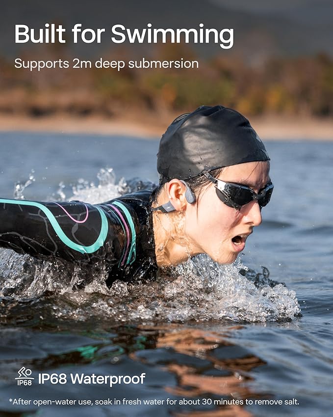 SHOKZ OpenSwim Pro Bone Conduction Sports Headphones, IP68 Waterproof Open-Ear Wireless Earphones with Bluetooth 5.4, 32GB of MP3 Storage, Noise Cancelling Mics, 9h Playtime for Running, Swimming-Grey