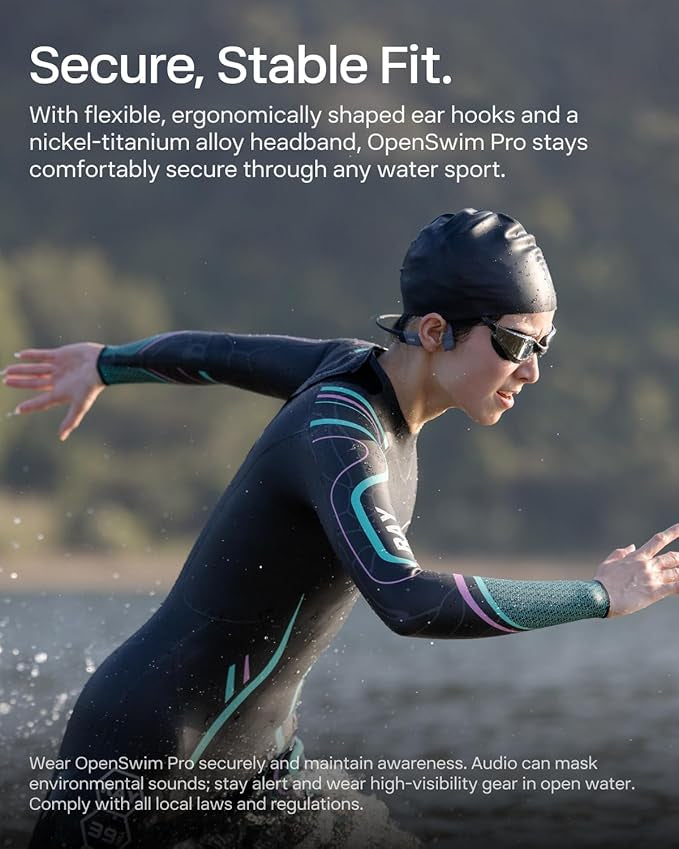 SHOKZ OpenSwim Pro Bone Conduction Sports Headphones, IP68 Waterproof Open-Ear Wireless Earphones with Bluetooth 5.4, 32GB of MP3 Storage, Noise Cancelling Mics, 9h Playtime for Running, Swimming-Grey