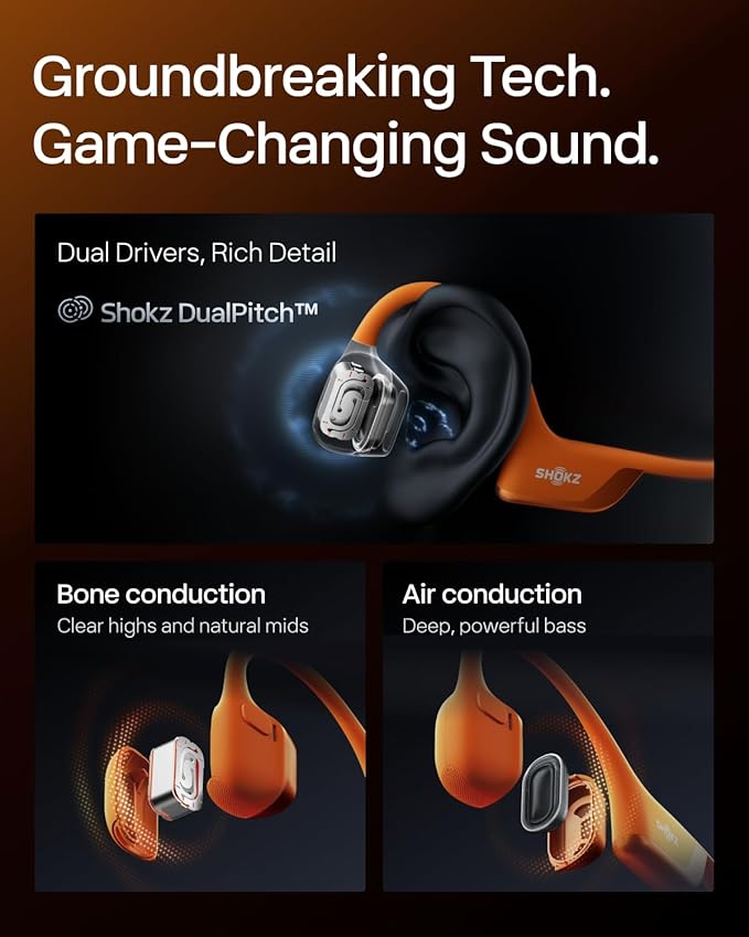 SHOKZ OpenRun Pro 2 Mini Bone Conduction Sports Headphones, Open-Ear Wireless Earphones with Bluetooth 5.3, Noise Cancelling Mics, IP55 Waterproof, 12h Playtime for Running, USB-C Quick Charge, Orange