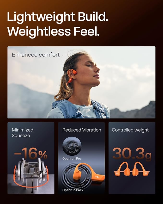 SHOKZ OpenRun Pro 2 Mini Bone Conduction Sports Headphones, Open-Ear Wireless Earphones with Bluetooth 5.3, Noise Cancelling Mics, IP55 Waterproof, 12h Playtime for Running, USB-C Quick Charge, Orange