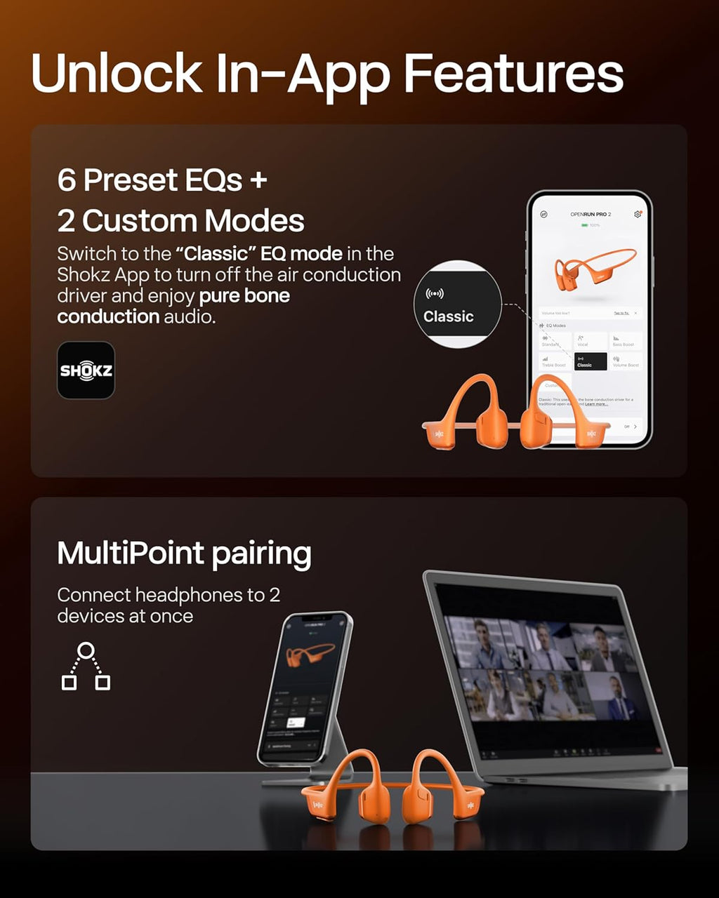 SHOKZ OpenRun Pro 2 Mini Bone Conduction Sports Headphones, Open-Ear Wireless Earphones with Bluetooth 5.3, Noise Cancelling Mics, IP55 Waterproof, 12h Playtime for Running, USB-C Quick Charge, Orange
