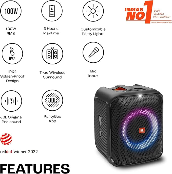 JBL Partybox Encore Essential | Portable Bluetooth Party Speaker | 100W Monstrous Pro Sound | Dynamic Light Show | Upto 6Hrs Playtime | Built-in Powerbank | Mic Support PartyBox App (Black)