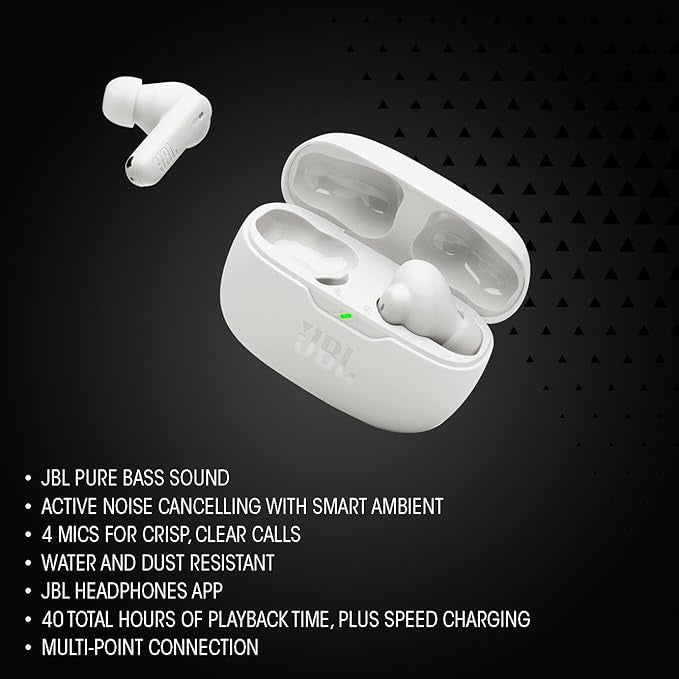 JBL Wave Beam 2 Adaptive Noise Cancelling with Smart Ambient True Wireless Earbuds, Deep Bass, Comfort Fit, 40H Battery, Hands-Free + VoiceAware, Water and Dust Resistant - Black, JBLWBEAM2BLK | Bluetooth 5.3, Up to 40 Hours of Autonomy, JBL Pure Bass Sou