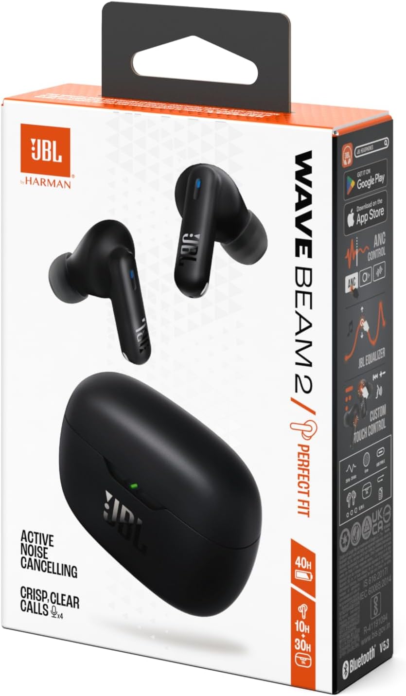 JBL Wave Beam 2 Adaptive Noise Cancelling with Smart Ambient True Wireless Earbuds, Deep Bass, Comfort Fit, 40H Battery, Hands-Free + VoiceAware, Water and Dust Resistant - Black, JBLWBEAM2BLK | Bluetooth 5.3, Up to 40 Hours of Autonomy, JBL Pure Bass Sou