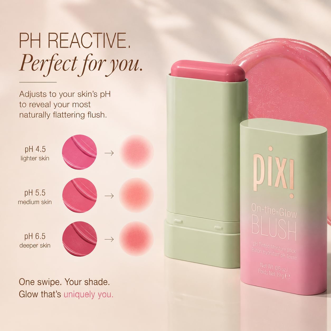 Pixi On-the-Glow Blush - CheekTone, pH Reactive Hydrating Tinted Moisture Blush Stick with Ginseng, Aloe Vera & Fruit Extracts, For Cheeks & Lips, 19g / 0.6oz, Paraben-Free